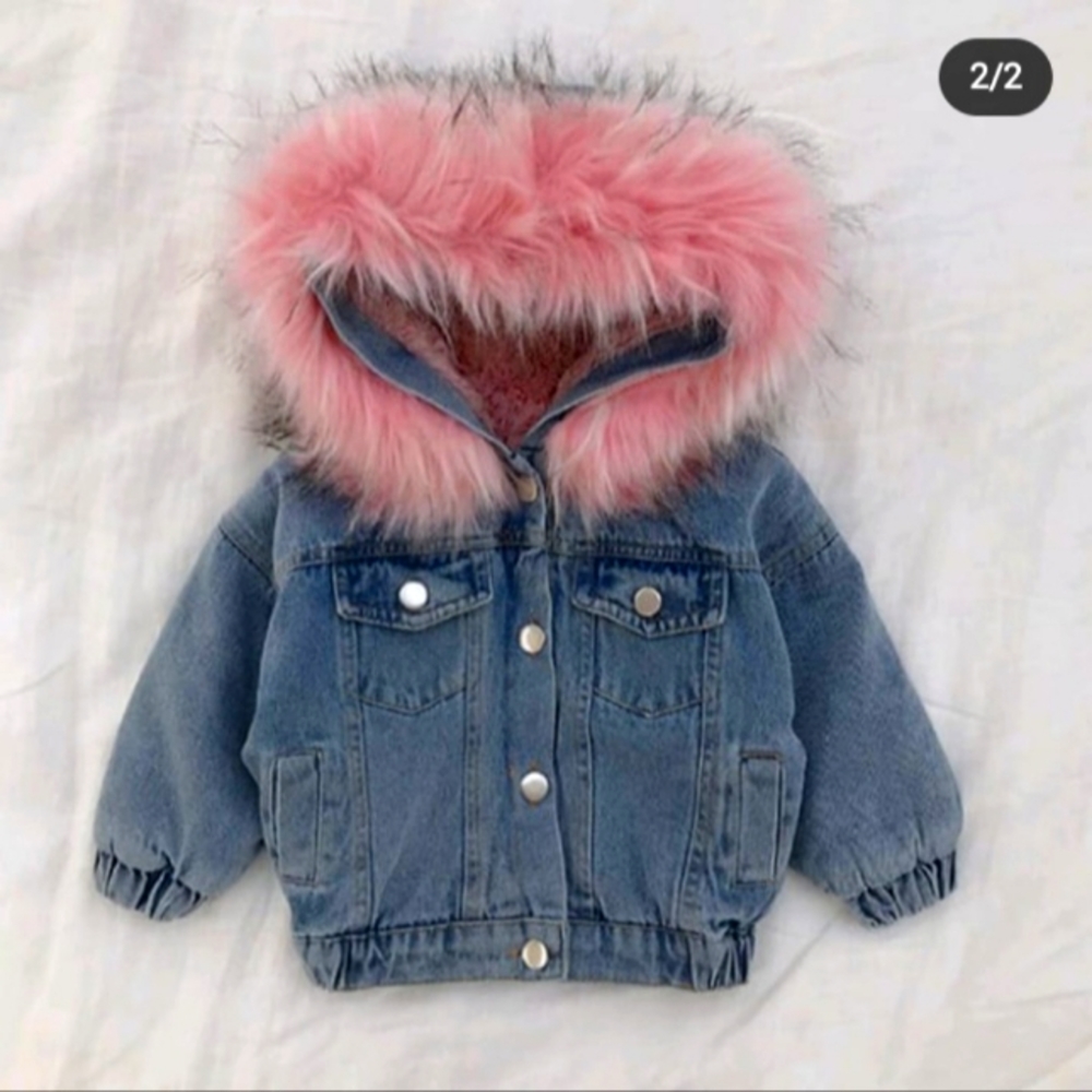 Girl fur hooded jeans jacket